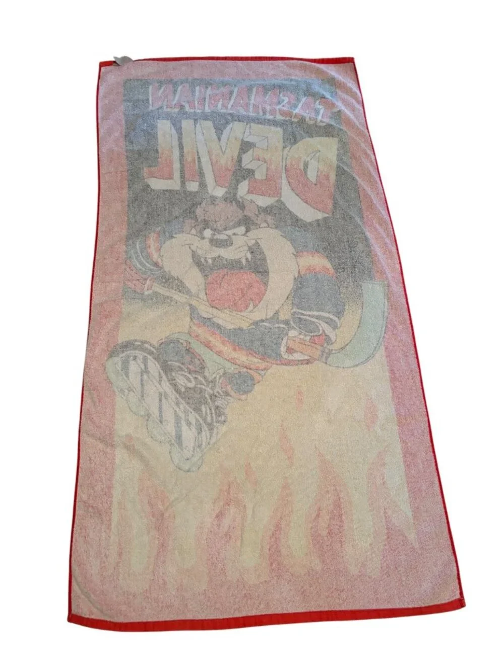 Vintage Tasmanian Devil Hockey Graphic Beach Towel Looney Tunes Red Flame Design
